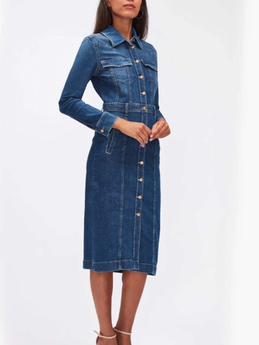 7 For All Mankind XL Luxe Dress in West Denim Button-Front Long-Sleeve